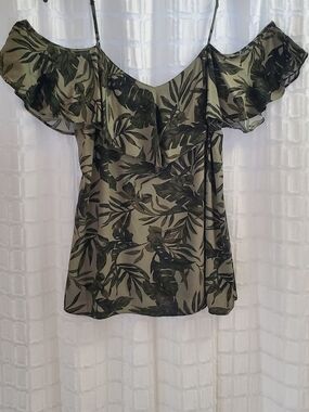 Old Navy Olive Green Tropical Ruffle Off-Shoulder Tank